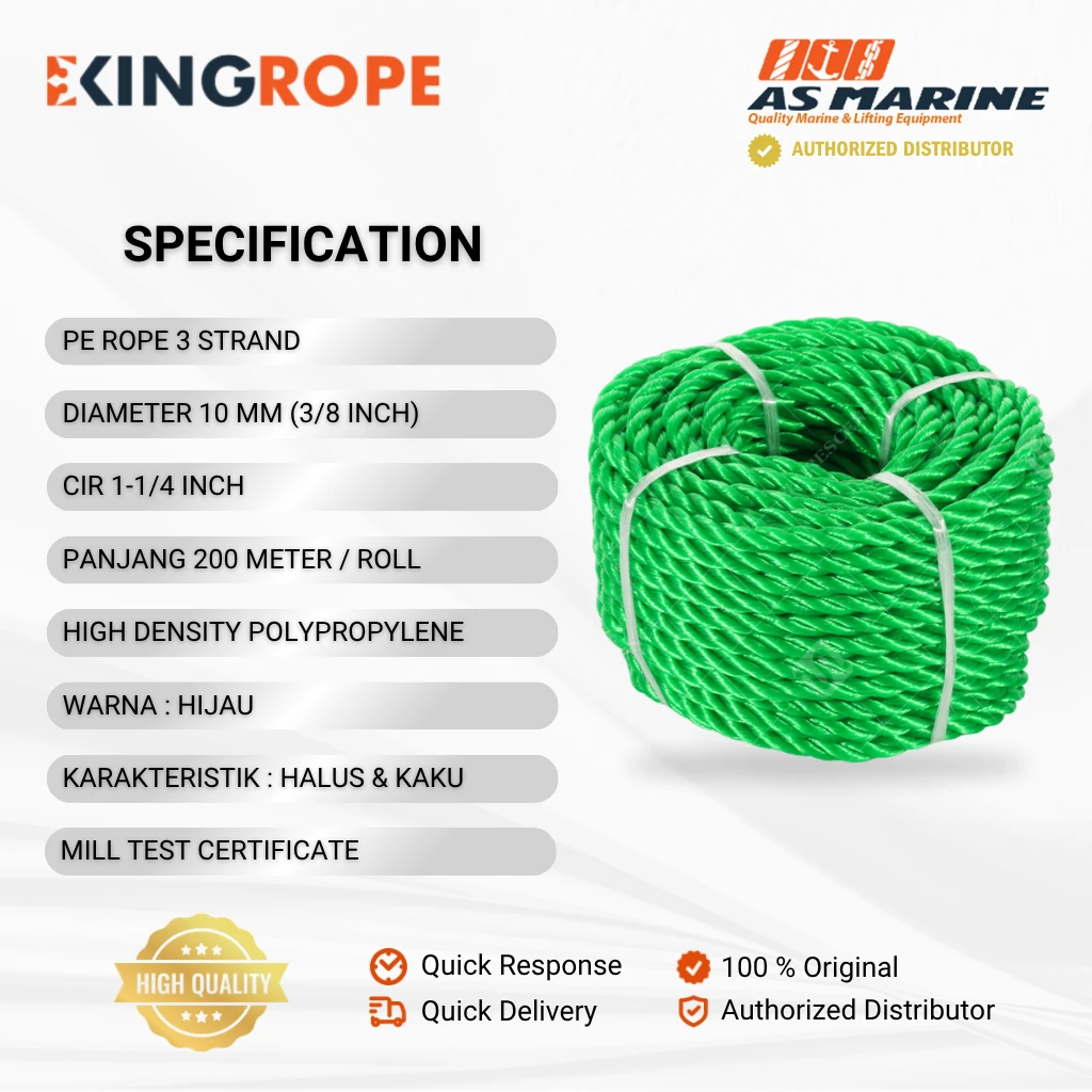 Spesifikasi Tali HDPE 3 Strand Hijau - 10 mm Spesifikasi Tali HDPE 3 Strand Hijau - 10 mm