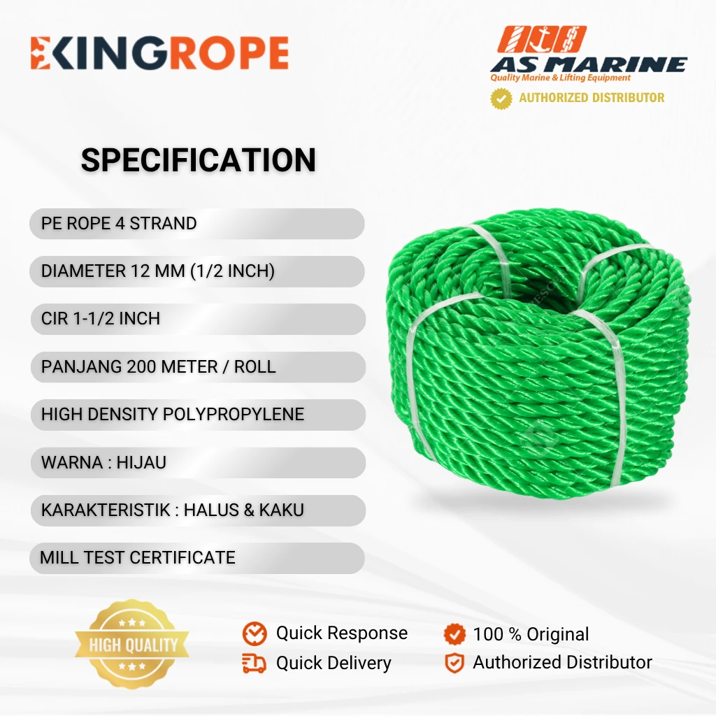 Spesifikasi Tali HDPE 4 Strand Hijau - 12 mm Spesifikasi Tali HDPE 4 Strand Hijau - 12 mm
