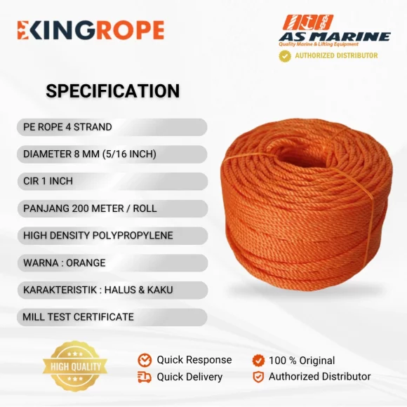 Spesifikasi Tali HDPE 4 Strand Orange - 8 mm